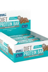 Applied Nutrition Diet Protein Bar box with 12 bars, chocolate salted caramel flavor, high protein and low sugar snack.